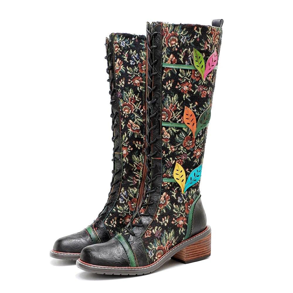 Johnature Genuine Leather Long Boots Women Shoes Handmade Retro Printed Color Matching Lace Up Mid-calf Boots
