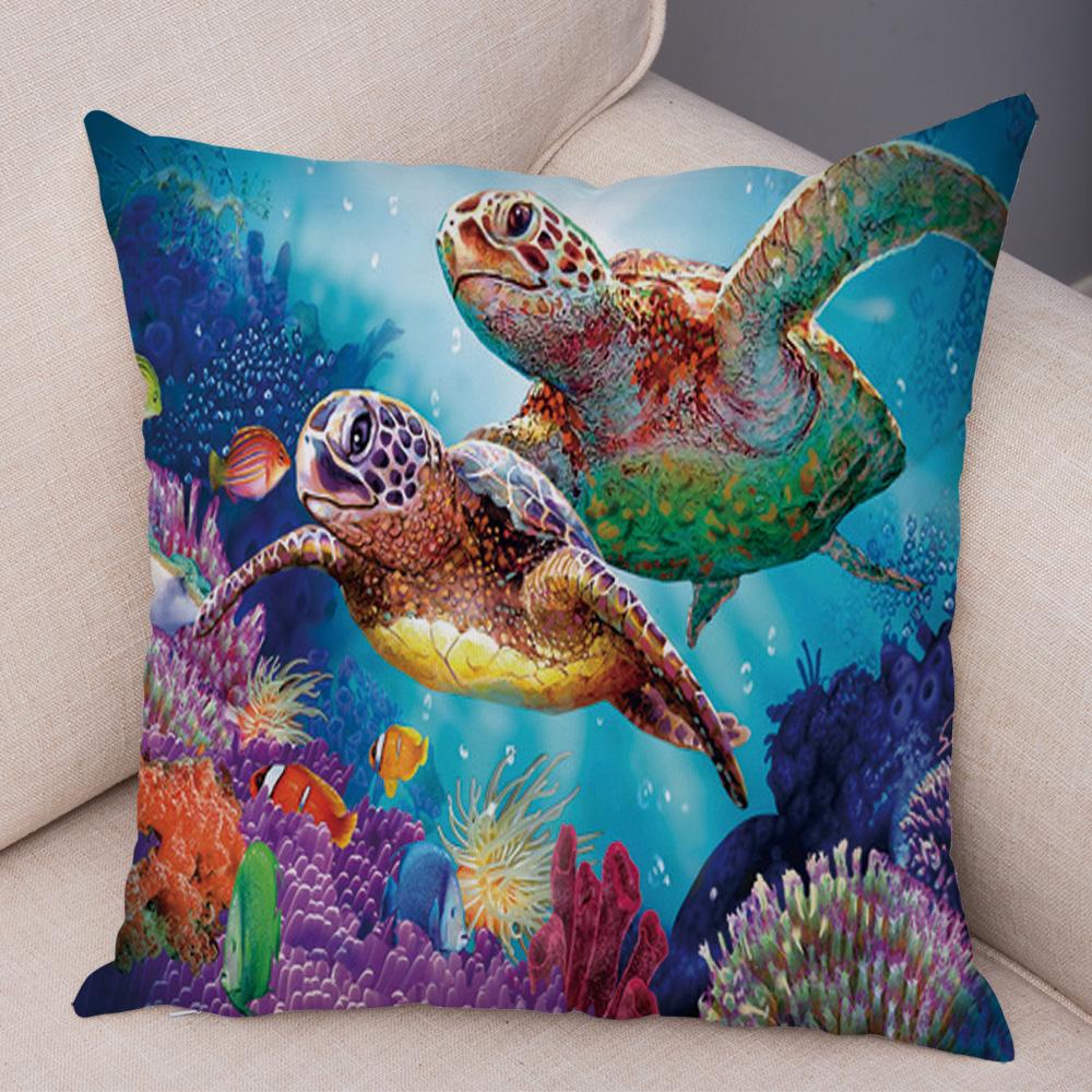 Marine Turtle Dolphins Shark Cushion Cover Short Plush Decor Colorful Ocean Animal Pillowcase Pillow Case for Sofa Home Car