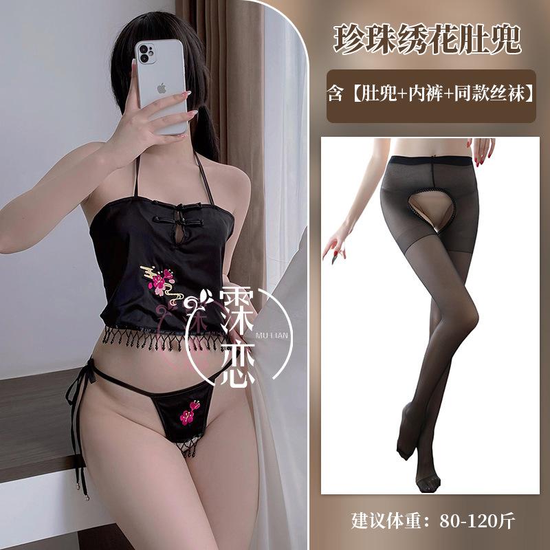 Sexy belly pocket pearl embroidered lace-up panties set classical hollow erotic underwear open-file uniform