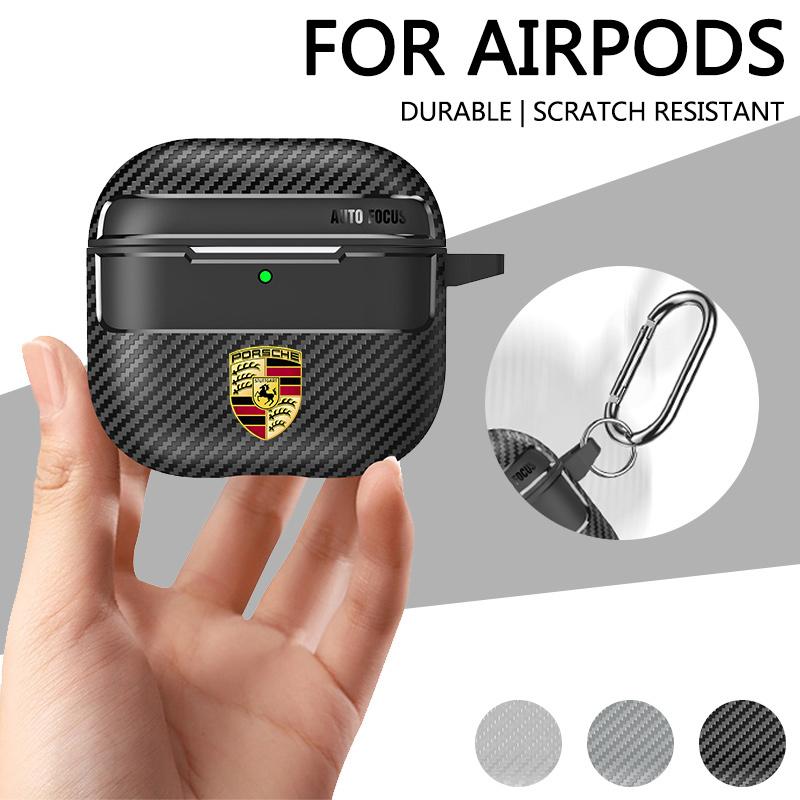 Car Logo Simple Carbon Fiber Texture Soft Earphone Case For Porsche 911 Cayenne Cayman Panamera Macan Taycan Boxster Sticker HJ5