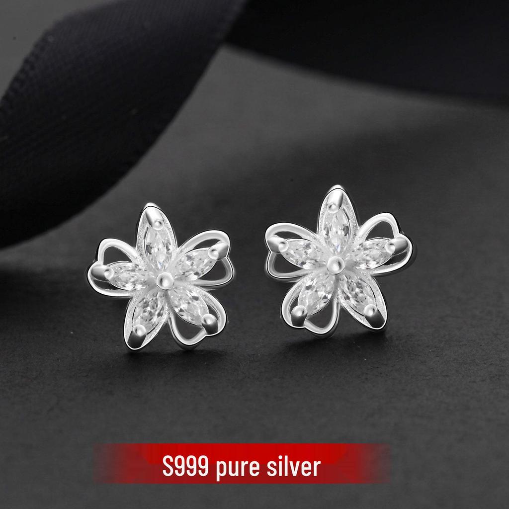 S999 Pure Silver Plum Blossom Earrings: Exquisite, Shiny Korean Fashion Cartilage Sterling Silver Snail Studs for Women.
