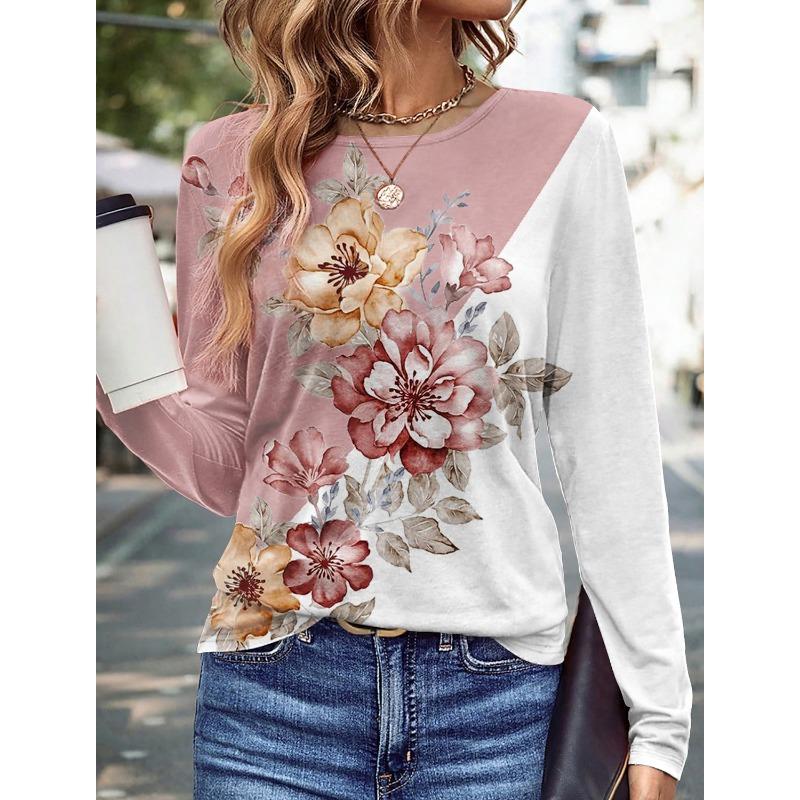 Modischer Damenpullover mit Blumen-/Schmetterlingsgrafik, lässige Streetwear, O-Ausschnitt, Basic, langärmeliges T-Shirt, mikroelastisches Sweatshirt