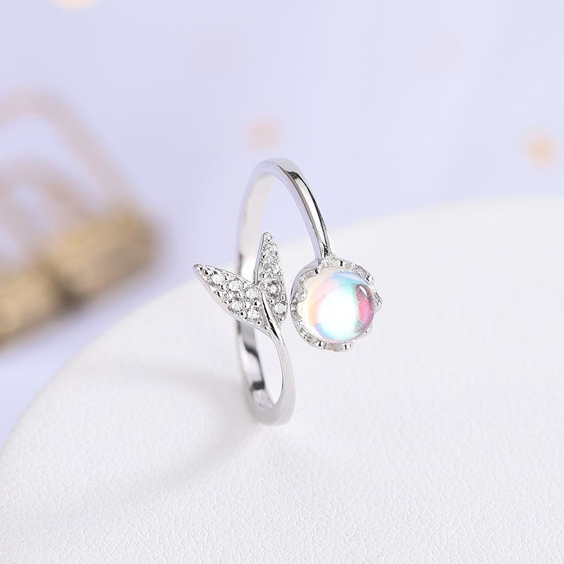  Sterling Silver Mermaid Tail Opening Rings Luxury Zircon Natural Moonstone Finger Ring for Women Girls Jewelry Gift