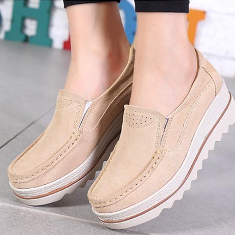 Cow Suede Women's Walking Shoes Fashion Platform Shoes Loafers Height-increased Moccasins Slip-on Mother Shoes