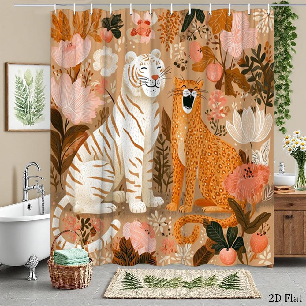 Cute Tiger and Leopard Shower Curtain Cartoon Animals with Floral Leaves, Nature-Themed Bath Curtain for Kids and Home Decor