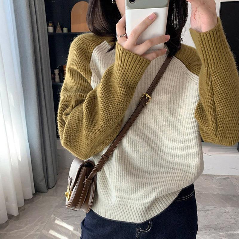 Autumn and winter new shoulder sleeve temperament casual color matching round neck long sleeve knitted sweater pullover sweater outside
