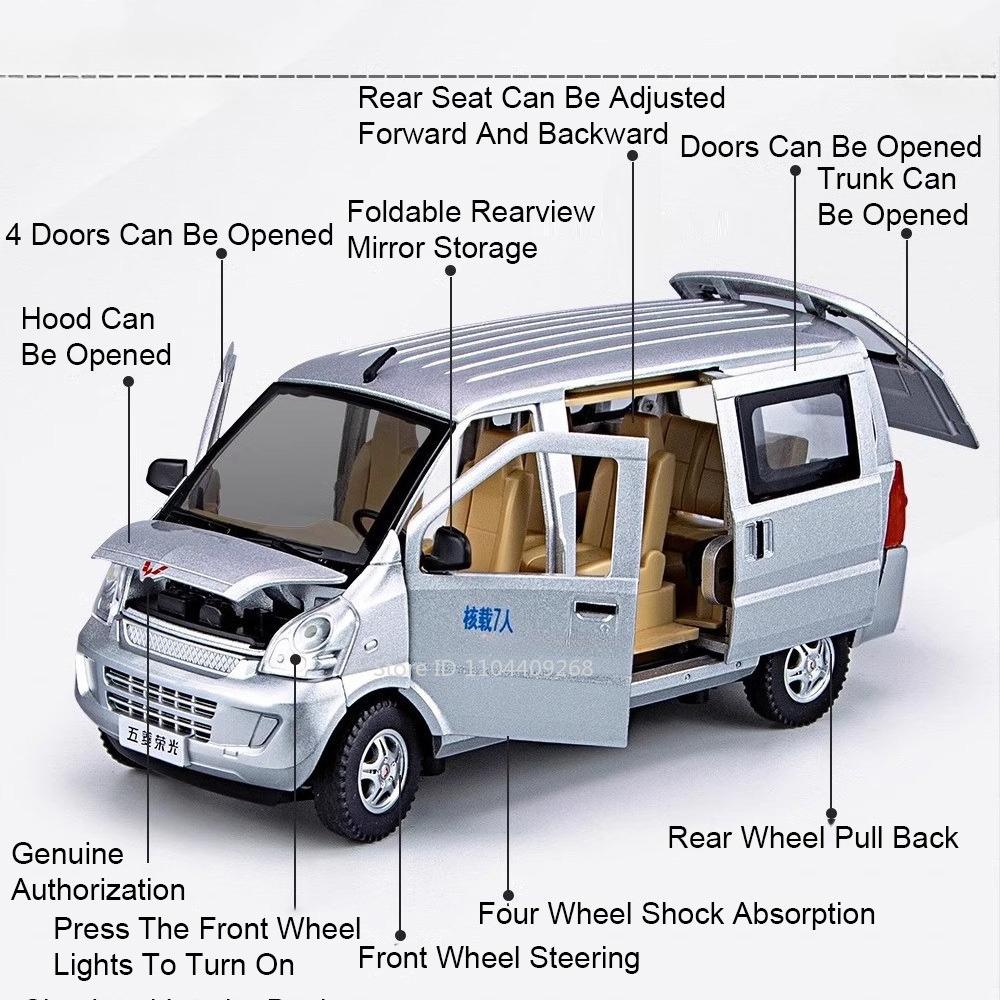 1:24 Scale Wuling Rongguang Car Model Toys Metal Diecast Van Pull Back Sound Light Barbecue Truck Models Boys Ornament Gifts