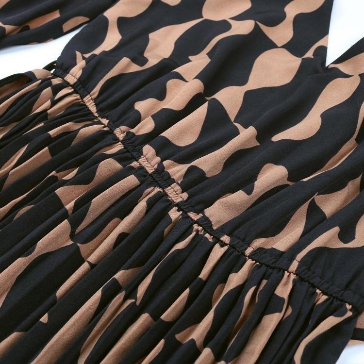 Autumn Winter Women Elegant V Neck Long Sleeve High Waist A Line Knee Length Casual Print Dress