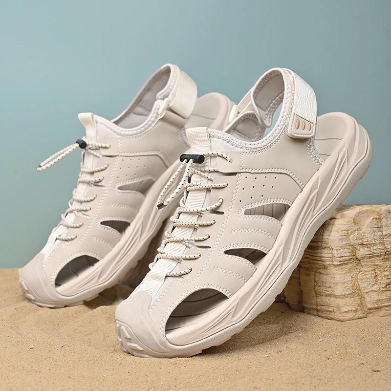 

Fashion Summer Outdoor Men s Beach Leather Sandals Luxury Hand Sewn Thread Breathable Casual Sandals Man Wading Non-slip Comfort Shoes 46