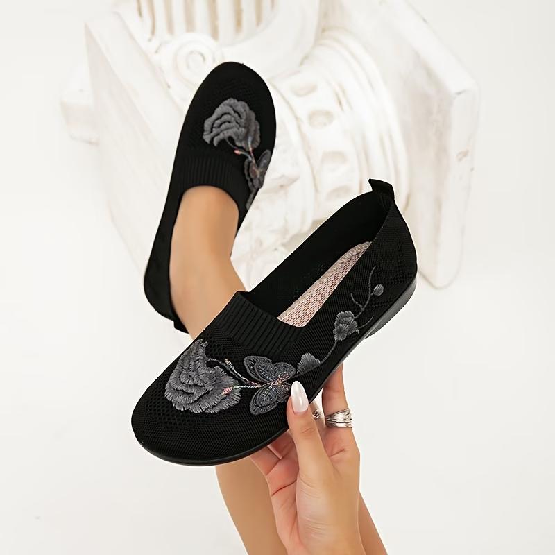 Women' Slip- Loafers with Floral Embroidery - Breathable Knit Soft Sole Non-Slip Sole Suitable for Mom Sneakers, Outdoor Footwear, Women Shoes
