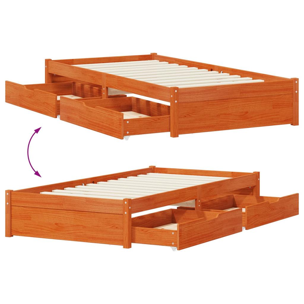 Bed Frame with Drawers Wax Brown Solid Pine Wood