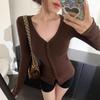 Women's Deep V Neck Button Long Sleeve Top Ribbed Fitted Soft Dralon Thermal Slim Y2K Sweet Tee Fall Sexy Club Crop Blouse