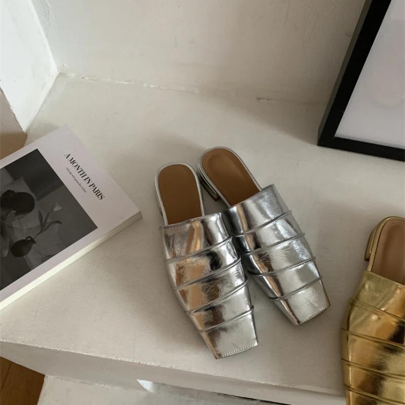 Women Slippers Flats Square Toe Sandals Woman Mules Casual Shoes 2025 Summer New Trend Dress Flip Flops Slides Zapatos De Mujer