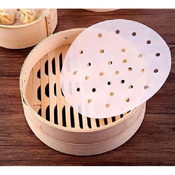 400pcs Air Fryer Liners, 4 inches Bamboo Steamer Liners, Premium Perforated Parchment Steaming Papers, Non-stick Steamer Mat Liner for Air Fryers
