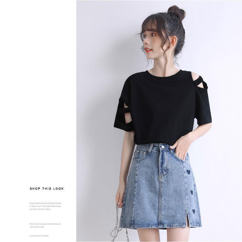 Black Hollow Off-shoulder Short-sleeved T-shirt Summer Korean New Loose Design Fashionable Top