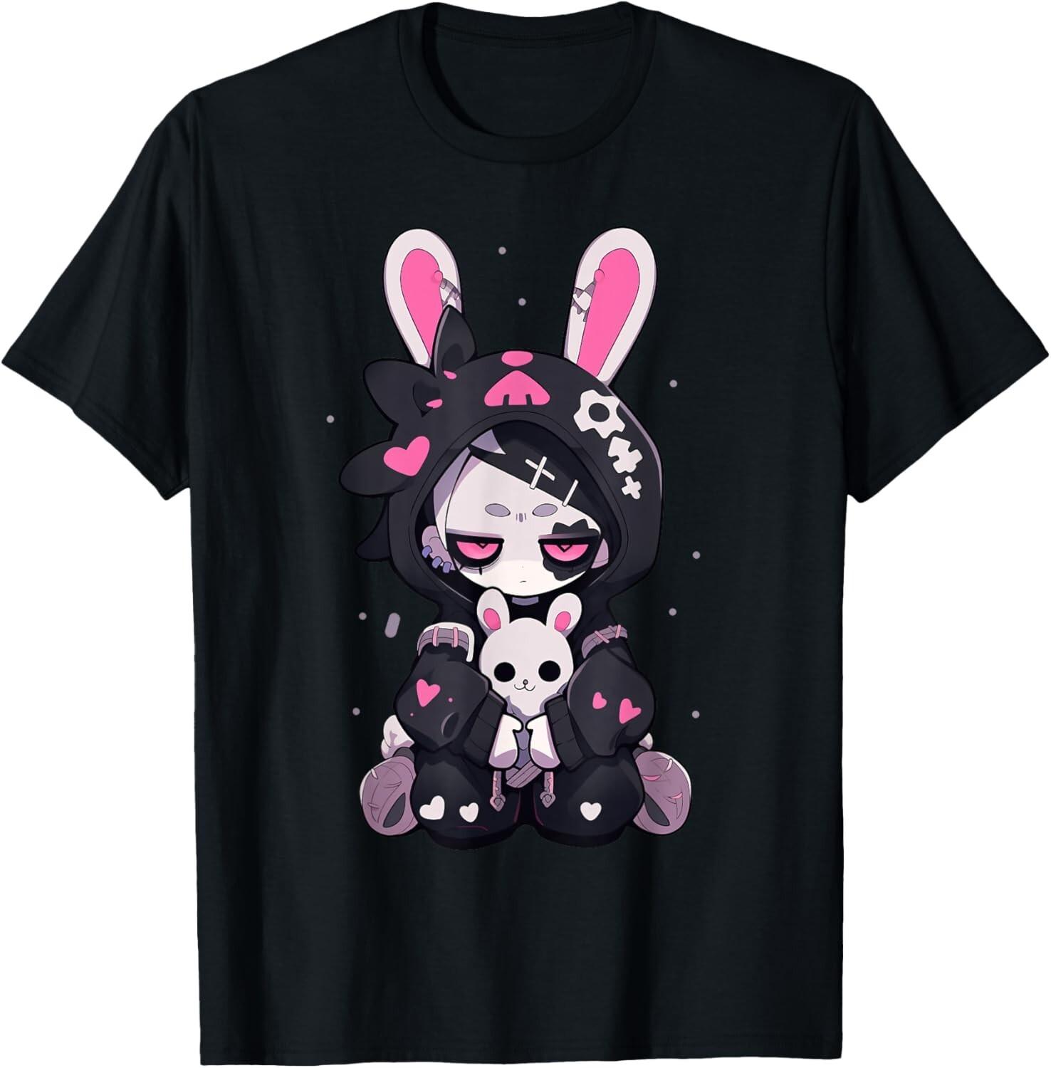 Goth Bunny Anime Girl Cute E-Girl Gothic Outfit Grunge T-Shirt Mens Womens Tees Top L