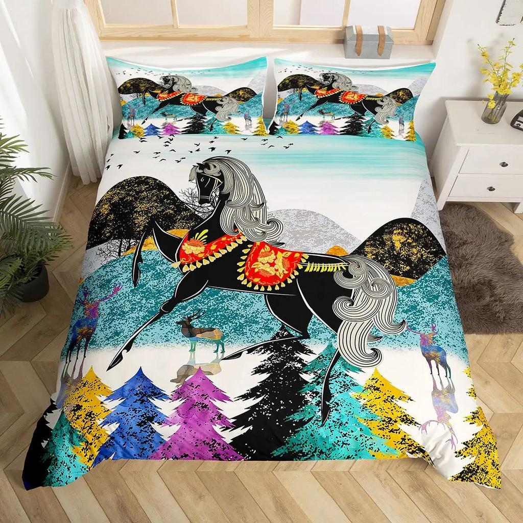 Cowgirl Horse Duvet Cover Set King Romantic Butterfly Bedding Set Farm Animal Comforter Cover Western Tribal Boho Quilt Cover
