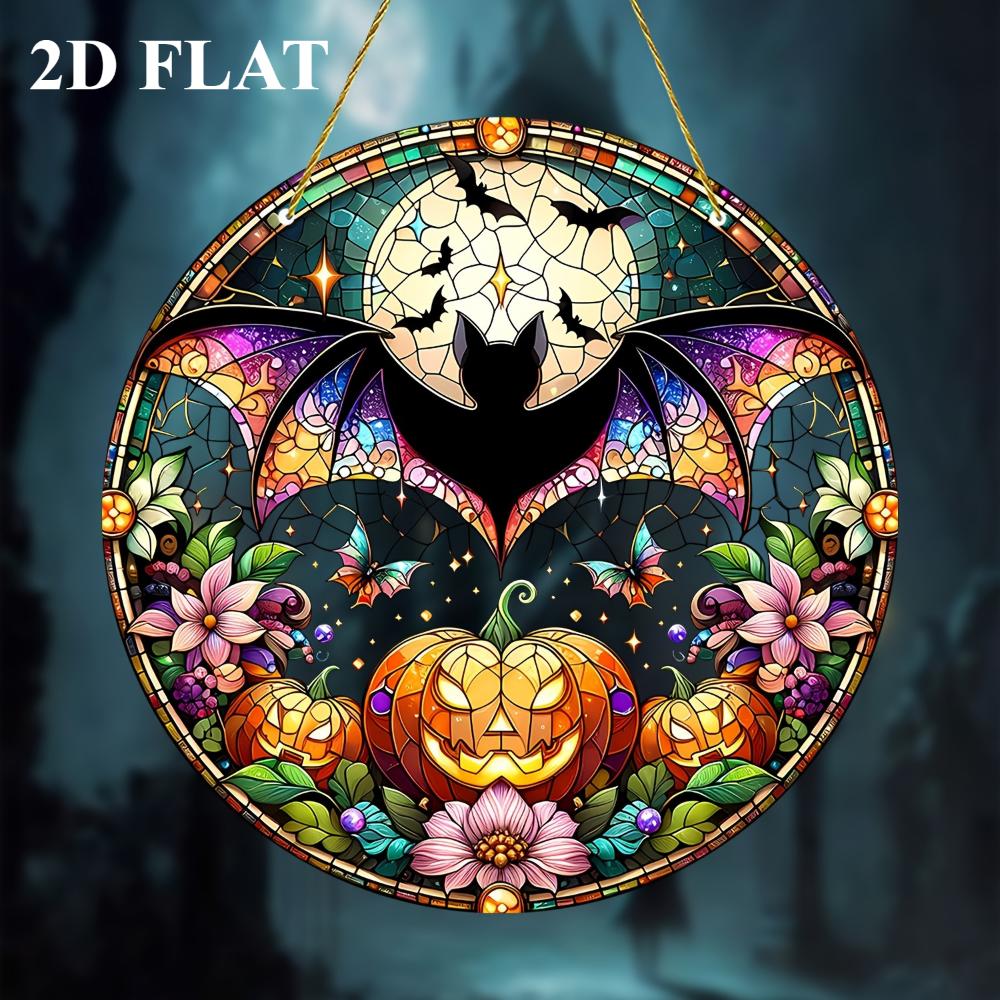 Acryl flacher 2D Anhänger, Fänger - Gitter Kürbis und Fledermaus, Fensterhänger Schlafzimmer Wohnzimmer Außen Garten Bauernhaus Dekoration, Kunstwand