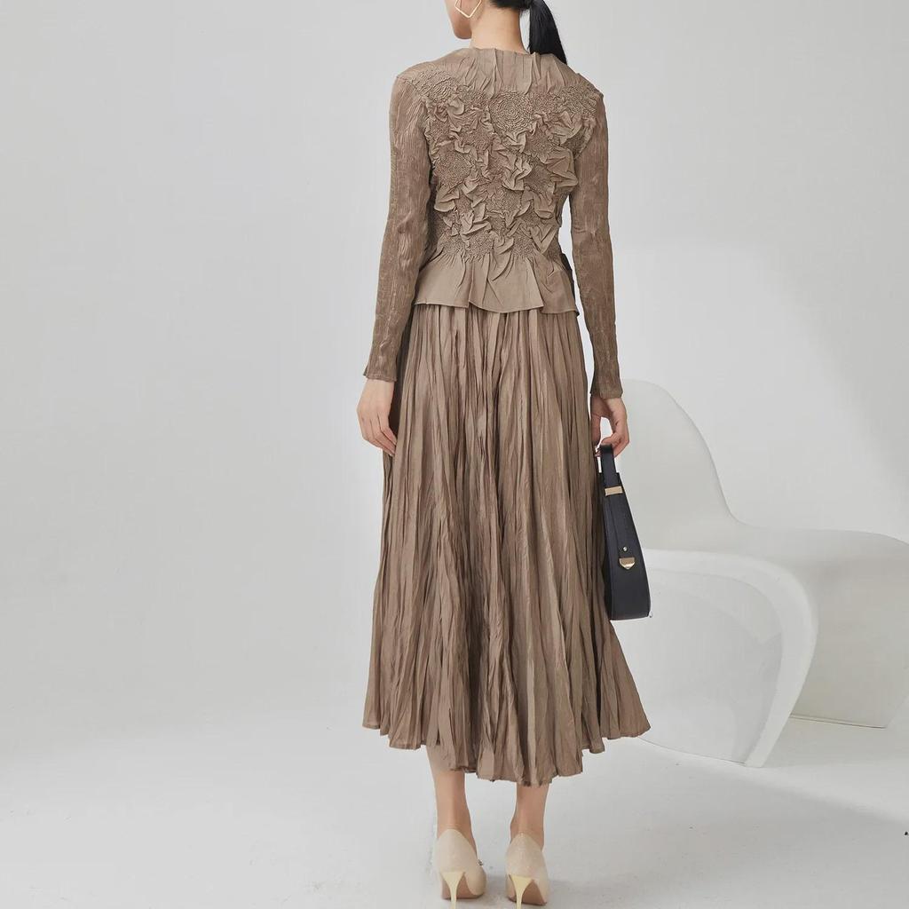 High-End Women's Pleated Casual Set: Long Sleeve Top & Slimming Midi Skirt Two-Piece
