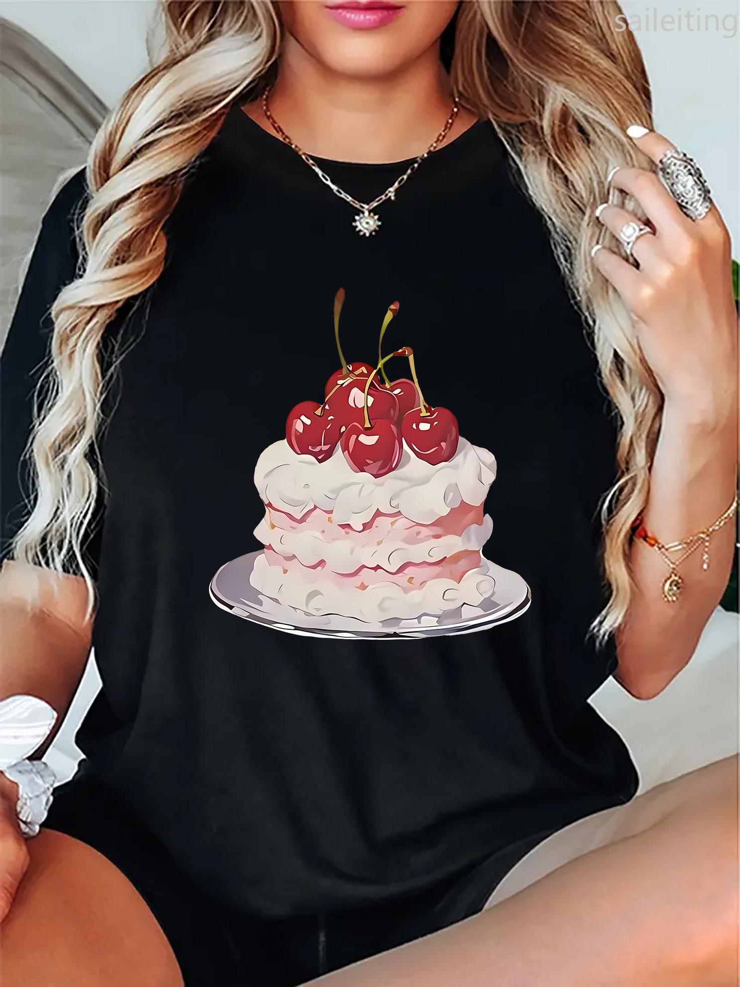 Plus Size Clothing Women s Harajuku Sleeve Casual Cherry Cake Print Short Sleeve Crew Neck Casual Sports Short Sleeve Crew Neck 3XL