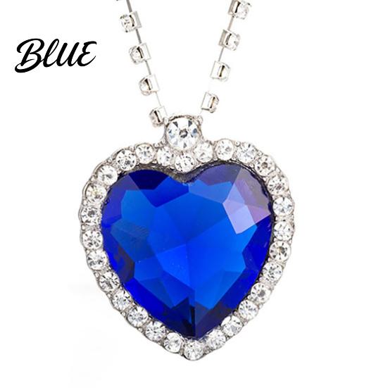 Blue Gemstone Pendant Heart Necklace Faux Diamond Sparkly Romantic Light-reflecting