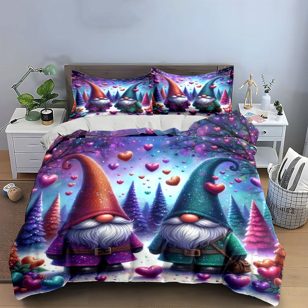 Gnome Couple with Glitter Hearts Bedding Duvet Cover Set (1*Duvet Cover 2*Pillowcases, without duvet insert)