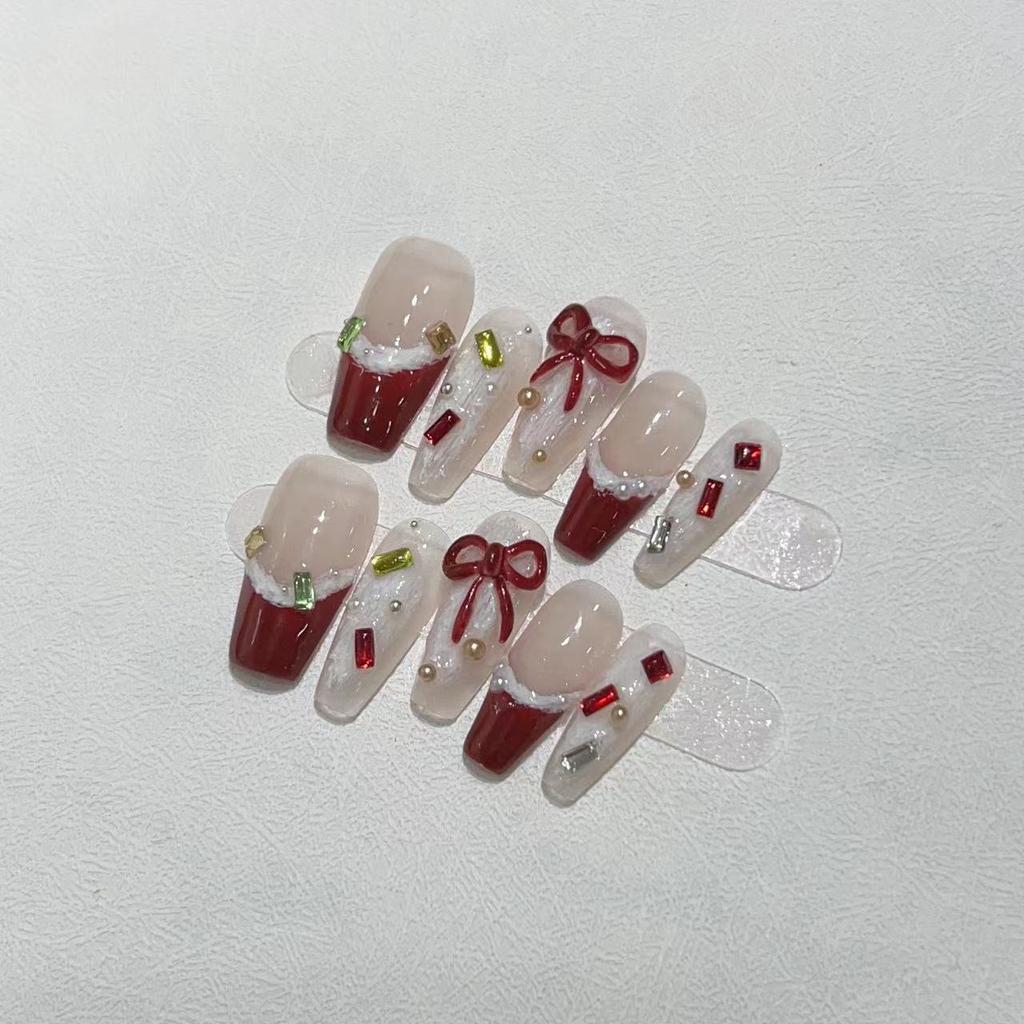 New Year's Manicure Pure Hand-wearing Nail Pieces Handmade Hand-painted Gypsum French Wine Red New Year's Manicure Bow