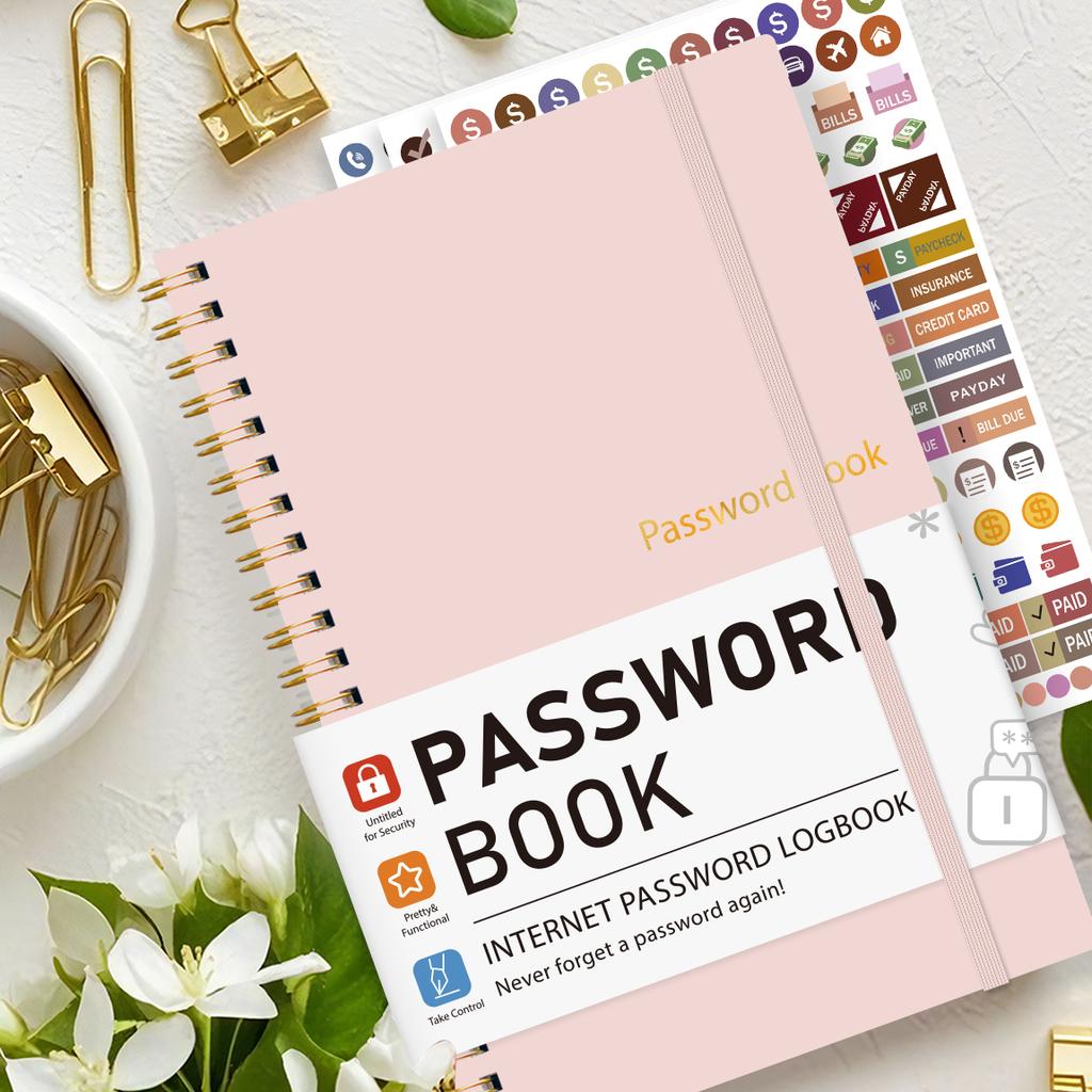 A5 Pink Password Book Internet Address Account Logbook With Password Hint Pages Stickers Spiral Bound