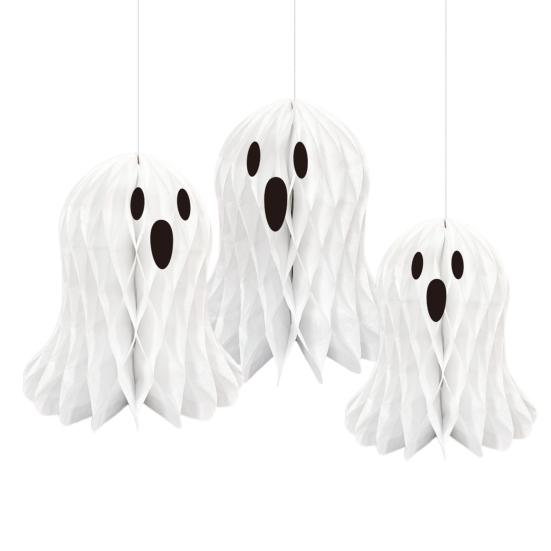 Halloween Ghost Hanging Decoration White Paper Ghost Honeycomb Centerpieces for Indoor Outdoor Halloween Party Decor