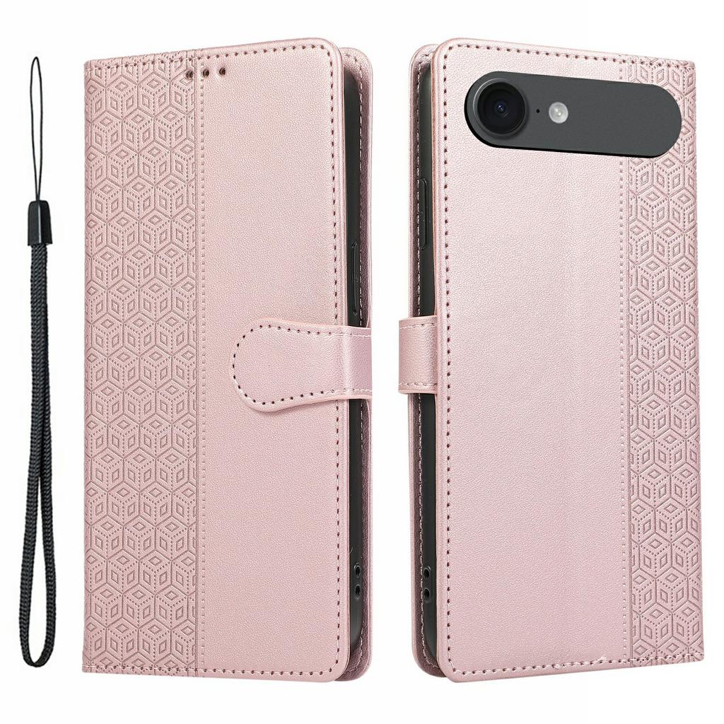 For iPhone 17 Air Case Splicing Imprinted Rhombus Leather Phone Cover with Wrist Strap
