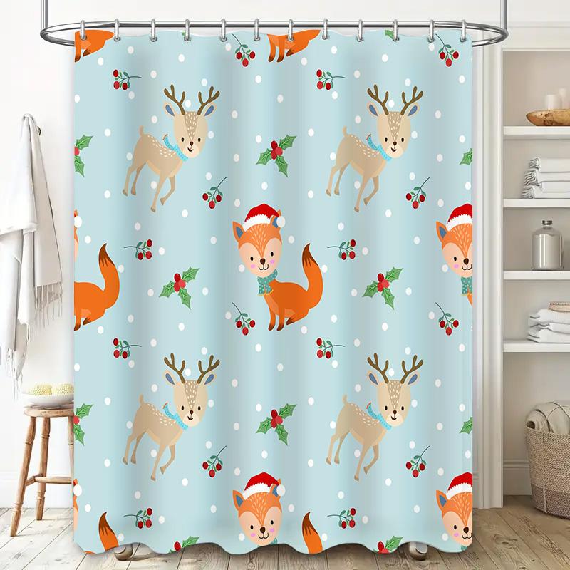christmas shower curtain bathroom decor winter pattern deer fox santa hat waterproof washable custom made jacquard fabric cloth