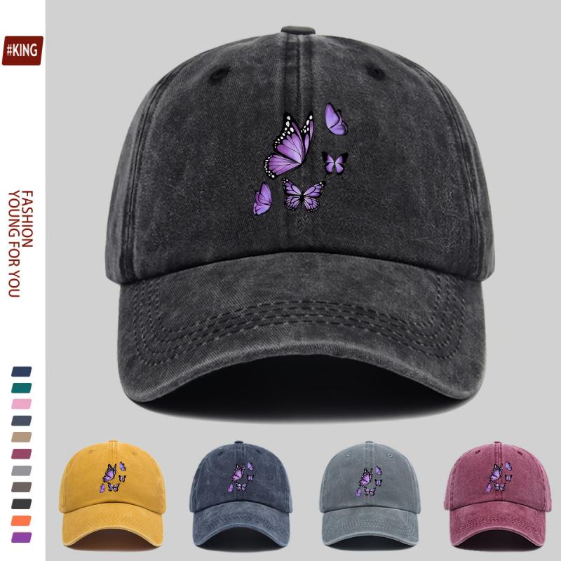 New Simple Versatile Butterfly Print Washed Vintage Soft Top Sunshade Baseball Cap Unisex Baseball Cap