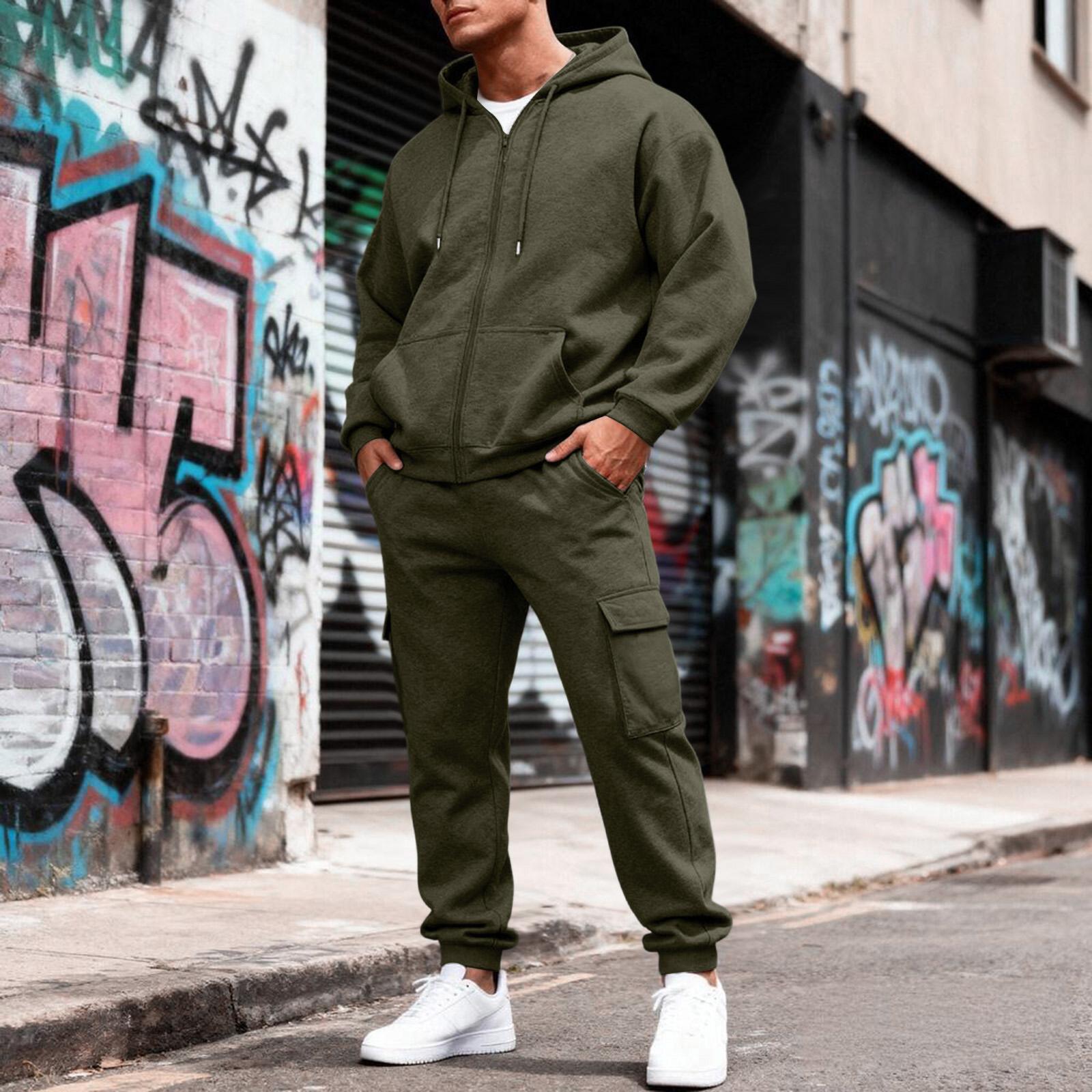 

Men s Fleece-Lined Thermal Two-Piece Tracksuit | Color Hooded Sweatshirt Jacket & Elastic Waist Cargo Joggers For Casual Outdoor L армия зеленый