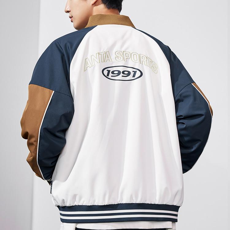 Anta Life Series Color Block Printed Single-Breasted Baseball Jacket Men Jackets White 952318604-1