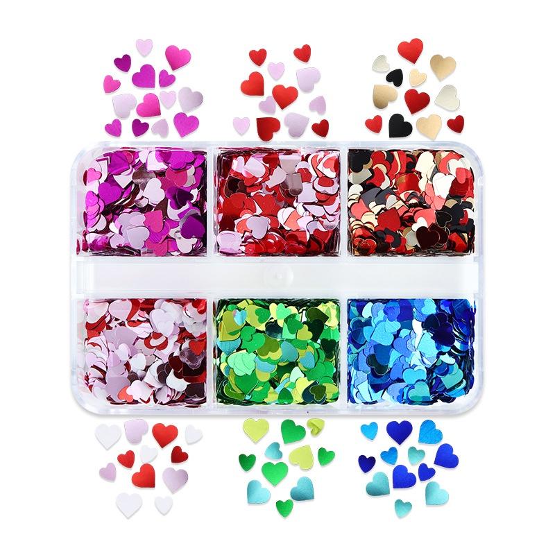 6 mřížek smíšené Valentýnské nail art flitry lesklé červené srdce s třpytivými vločkami na nehty potřeby pro profesionály příslušenství