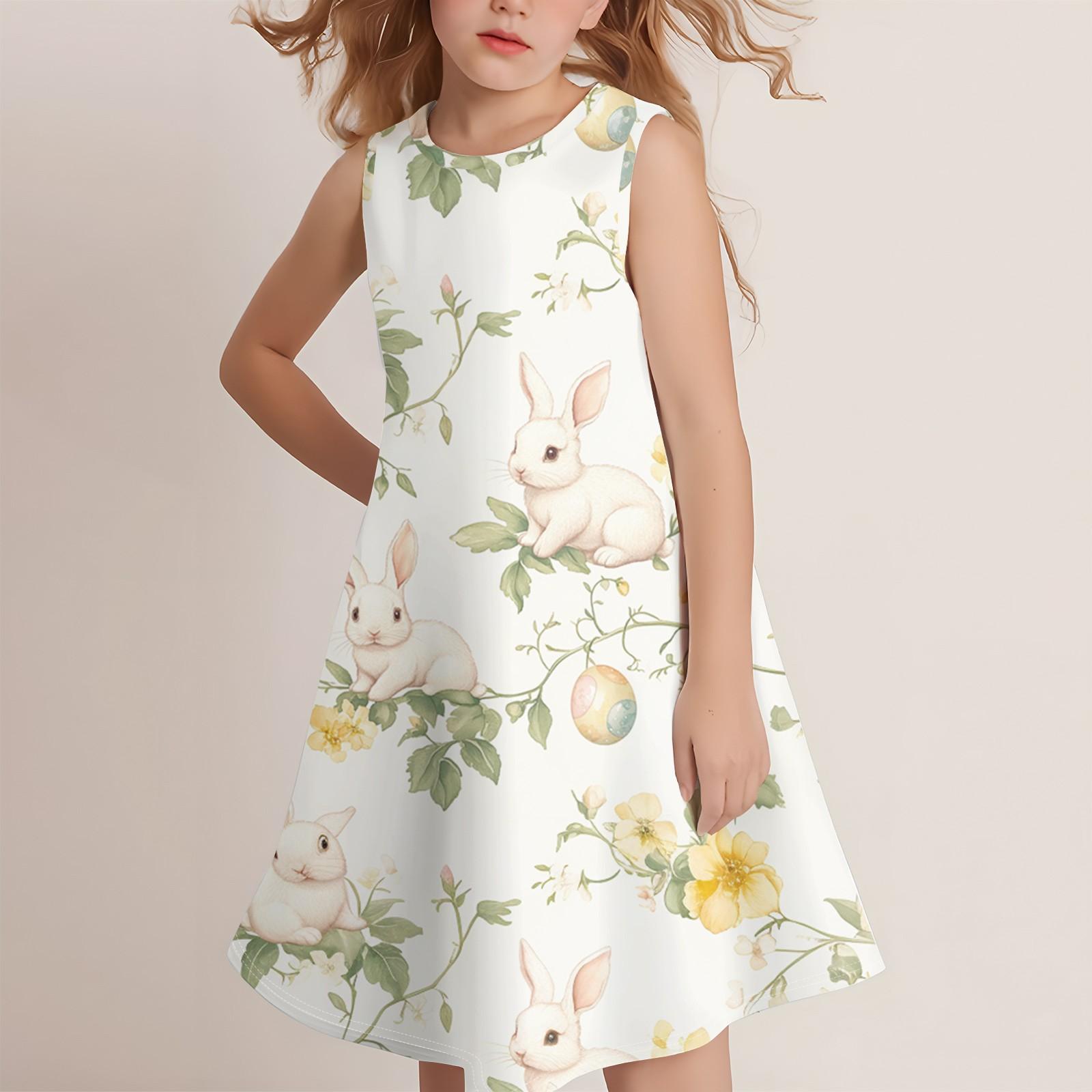 

Девочки мода повседневный без рукавов круглый вырез пасхальный принт платье 160 белый