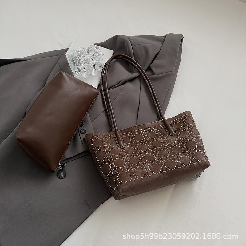 Simple Shoulder Bag Women's Bag Commuter Texture Foreign Style New Large-capacity Diamond-encrusted Handbag