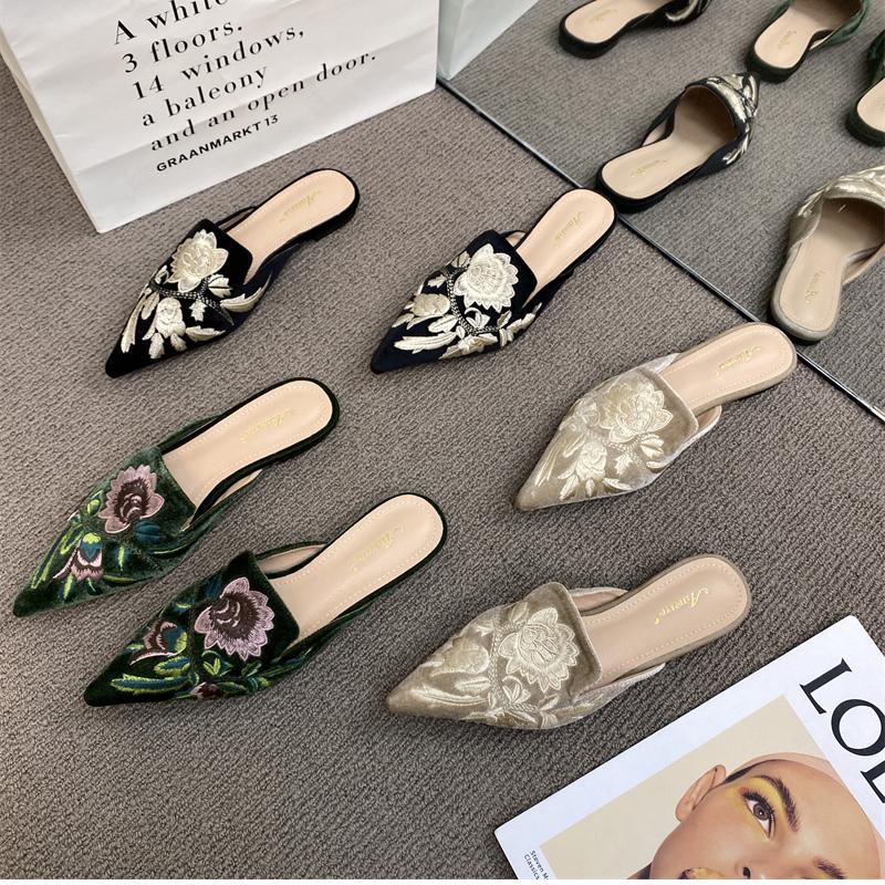 Summer Embroidery Women Mules Slippers Elegant Pointed Toe Slides Shoes Ladies Dress Flats Sandalias