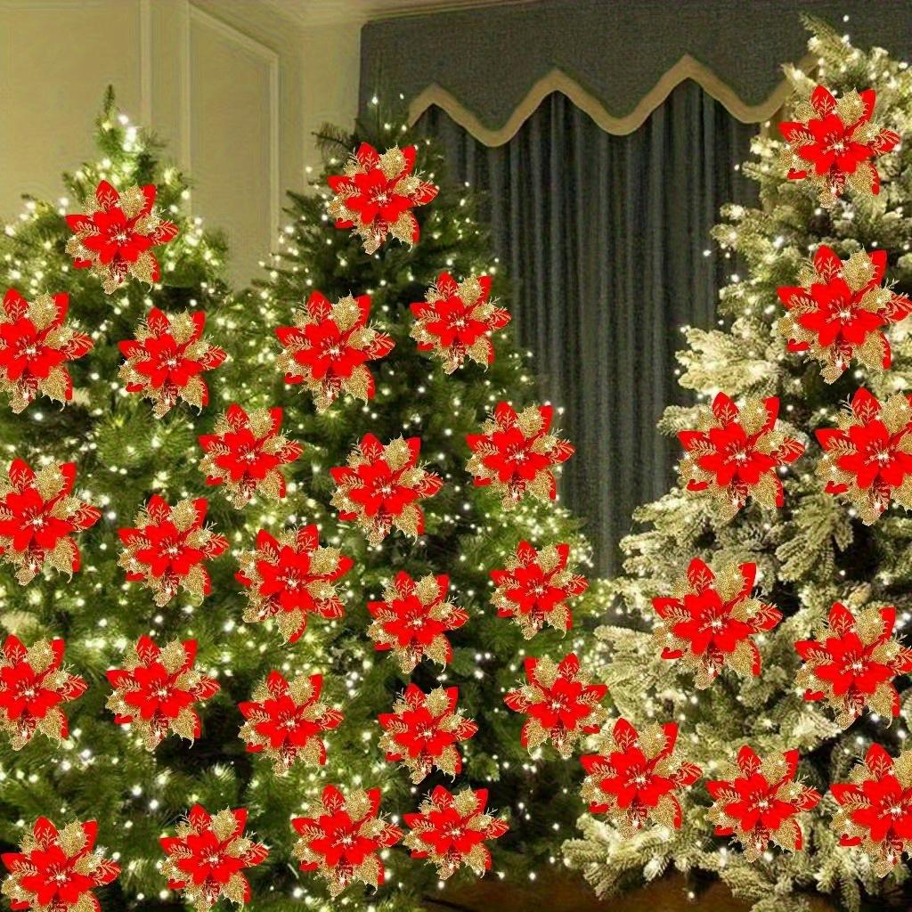 Artificial Flowers with Glittering Double Layer Layered Tree Decorations with Lush Green Foliage New Year Tree Toppers Reusable Holiday Decorat