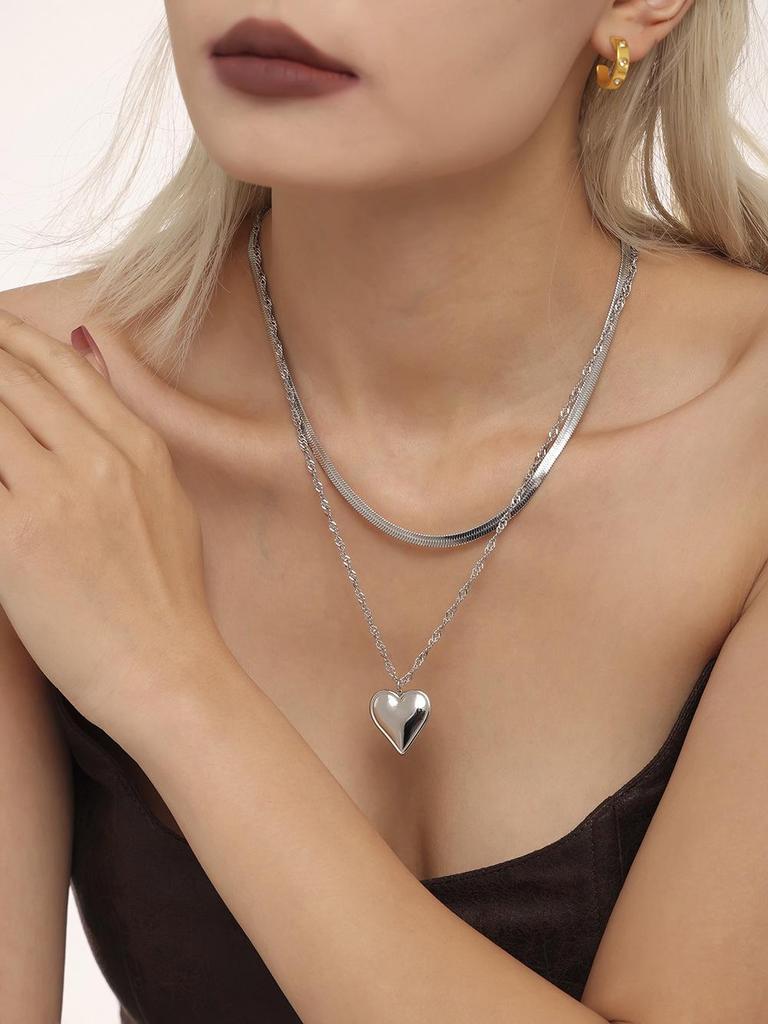 Qiong Yao 18K Gold Plated Stainless Steel Double Layer Heart Necklace with Water Ripple Chain