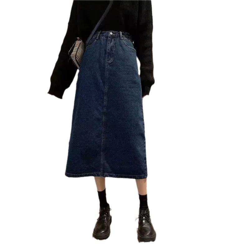 Women's Mid-Length High-Waist A-Line Denim Skirt - 2023 New Winter Korean Retro Style