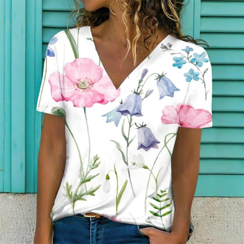 Sommer Kvinner Kortermet V-hals Oversized T-skjorte for kvinner Hvit mote T-skjorte for kvinner 3d Dragonfly Print Topp Uformelle klær