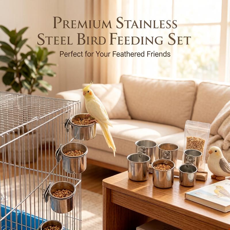 Stainless Steel Bird Feeding Bowl with Clamp, Parrot Food Water Cup,Cage Mounted Feeder Dish for Cockatiel Budgie Lovebird Finch