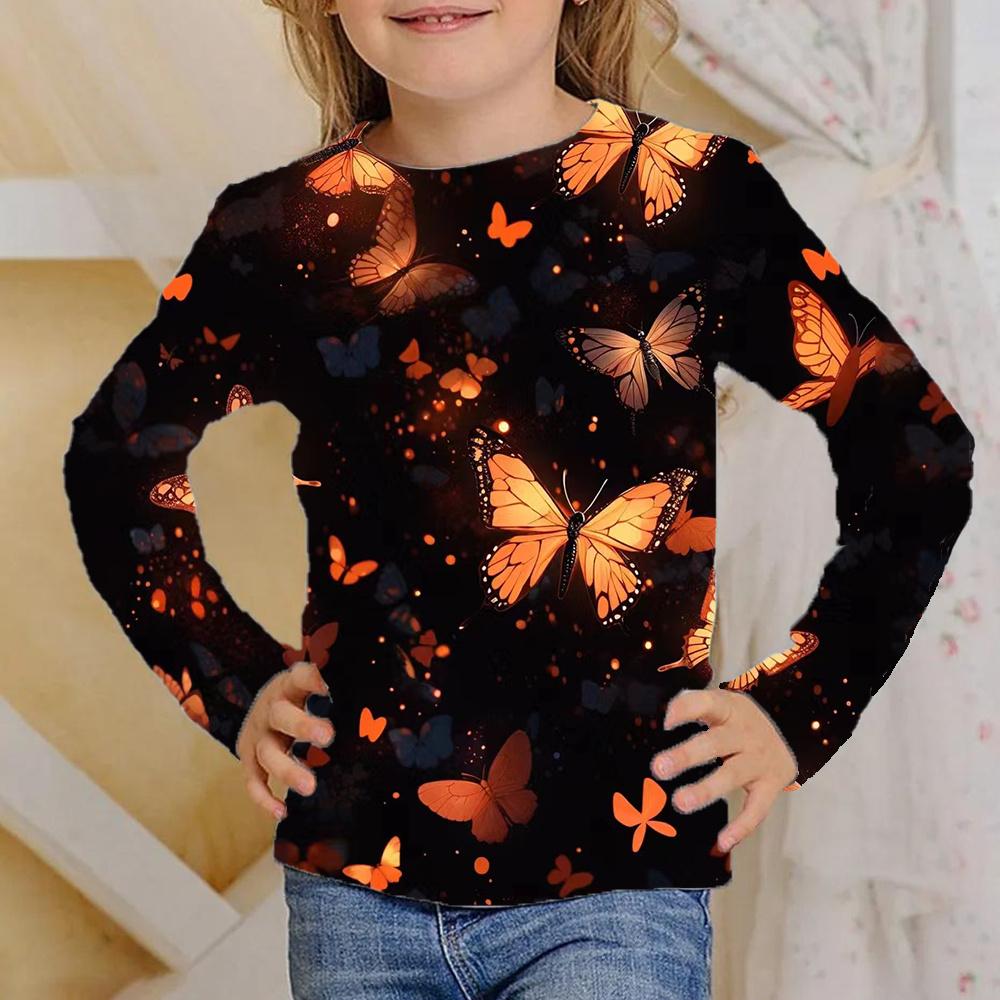 Spring and Autumn Round Neck Butterfly Pattern 3D Printed Top Fashionable Casual Long Sleeved Children's Girl T-shirts