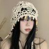Tassel Knitted Head Hat for Women Retro Hollow Ethnic Style Pullover Hat Handmade Knit Hat