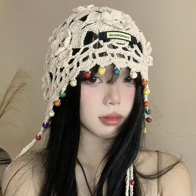 Tassel Knitted Head Hat for Women Retro Hollow Ethnic Style Pullover Hat Handmade Knit Hat