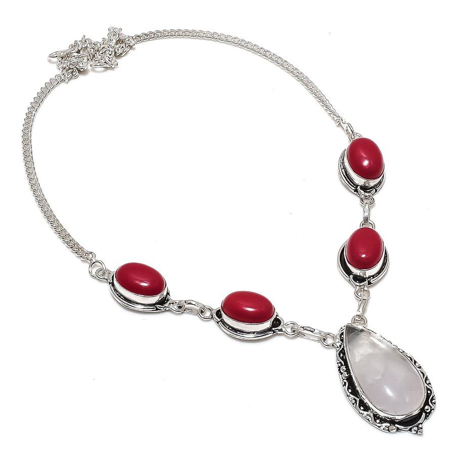Natural Moonstone, Coral Gemstone 925 Sterling Silver Jewelry Necklace 18" V1r78