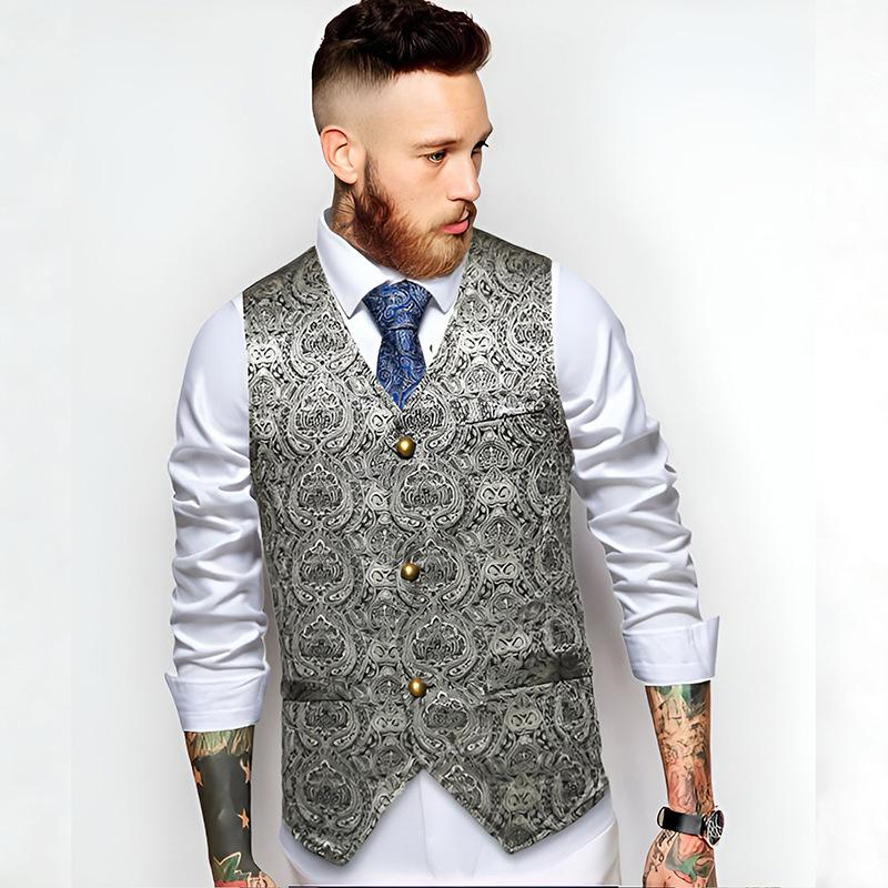 Men's Paisley Pattern Suit Vest V-Neck Single Breasted Formal Waistcoat