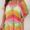 Plus Size Women's Holiday Smock Color Splicing Mixed Color Stripes Hollow Woven Dress