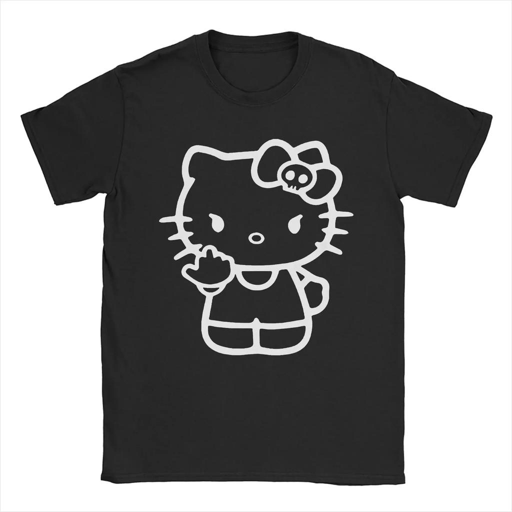 Hello Kitty Middle Finger T Shirt for Men Cotton Funny T-Shirts O Neck Tee Shirt Short Sleeve Tops Unique Women Clothing 2025